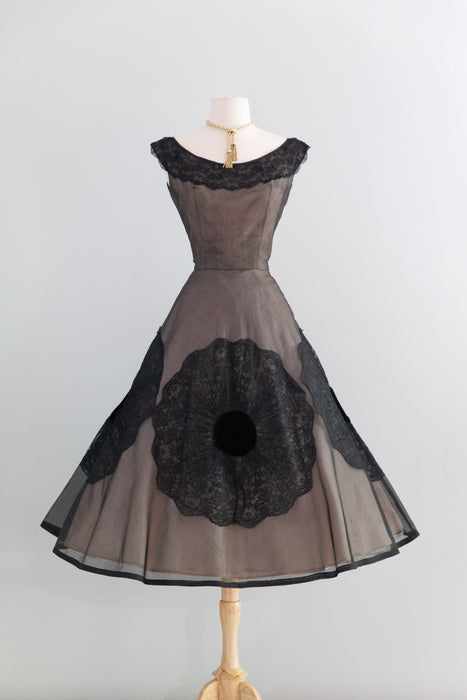Stunning 1950's Lilli Russell Black Lace Silk Organza Cocktail Dress / S