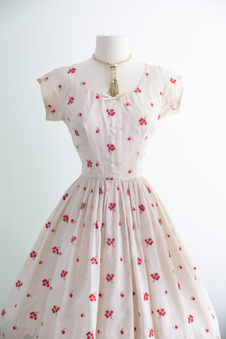 The Prettiest 1950's Embroidered Cotton Voile Summer Dress From Peck And Peck / XS