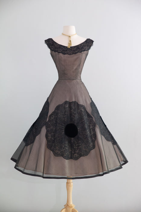 Stunning 1950's Lilli Russell Black Lace Silk Organza Cocktail Dress / S