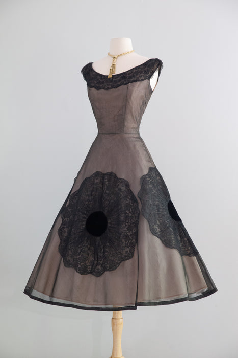 Stunning 1950's Lilli Russell Black Lace Silk Organza Cocktail Dress / S