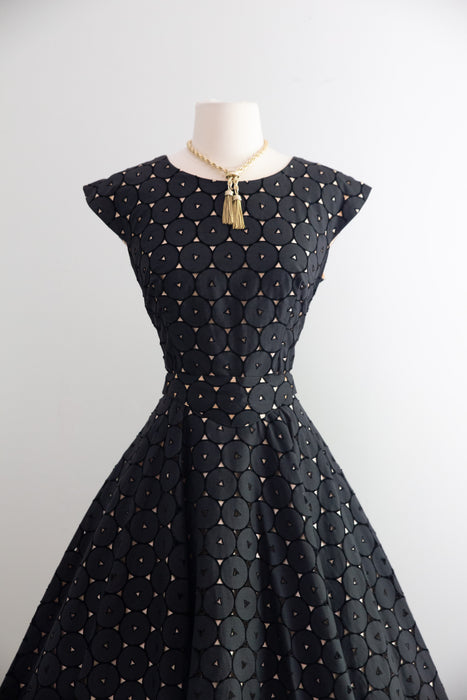 Fabulous 1950's Cotton Eyelet Cocktail Dress With Full Skirt / M