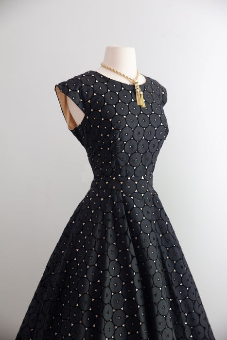 Fabulous 1950's Cotton Eyelet Cocktail Dress With Full Skirt / M