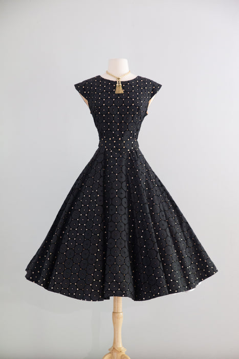 Fabulous 1950's Cotton Eyelet Cocktail Dress With Full Skirt / M