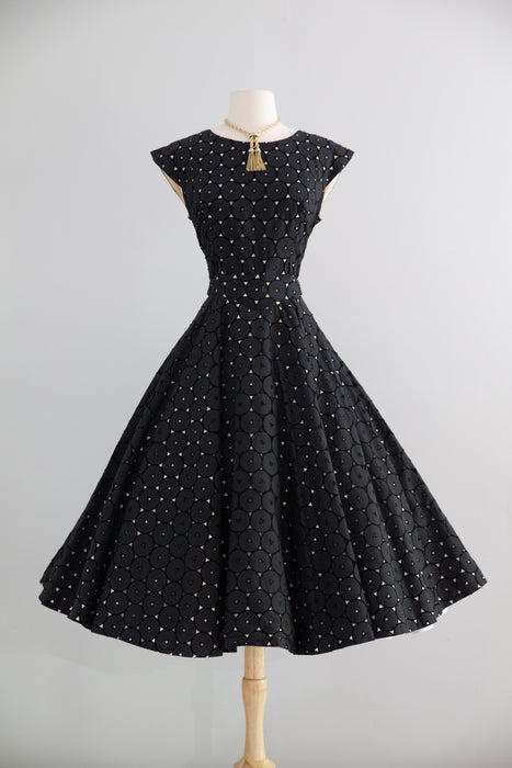 Fabulous 1950's Cotton Eyelet Cocktail Dress With Full Skirt / M