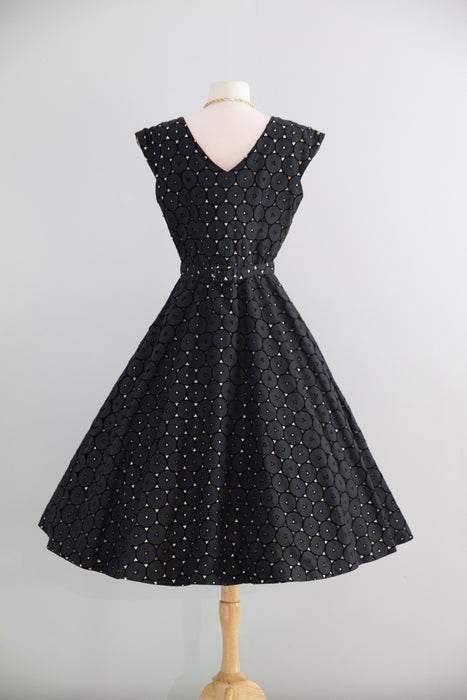 Fabulous 1950's Cotton Eyelet Cocktail Dress With Full Skirt / M