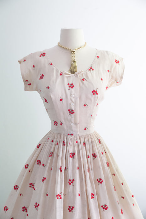 The Prettiest 1950's Embroidered Cotton Voile Summer Dress From Peck And Peck / XS