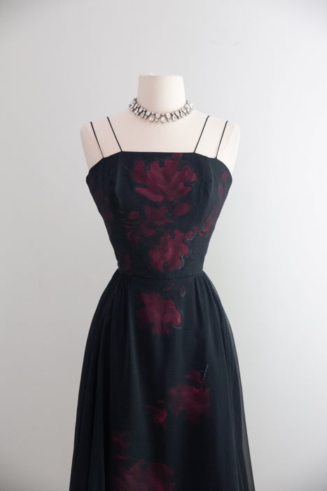 Glamorous 1950's Silk Chiffon Fly Away Cocktail Dress By Jean of California / S