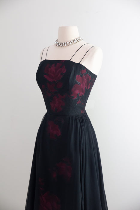 Glamorous 1950's Silk Chiffon Fly Away Cocktail Dress By Jean of California / S