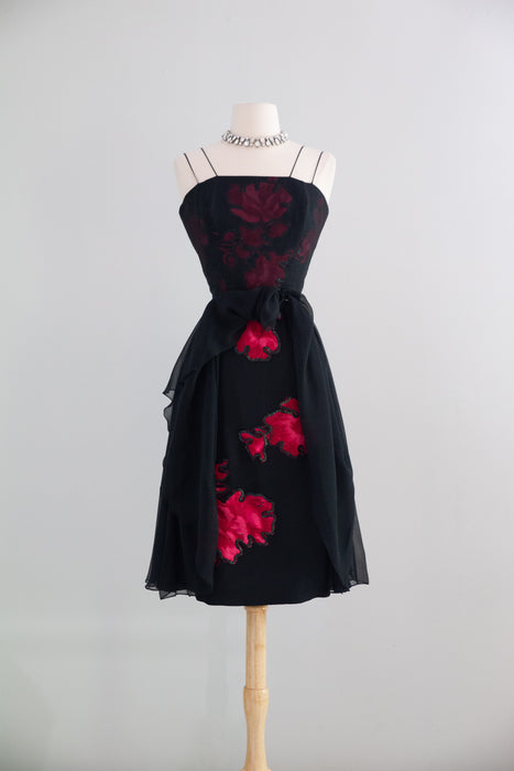 Glamorous 1950's Silk Chiffon Fly Away Cocktail Dress By Jean of California / S