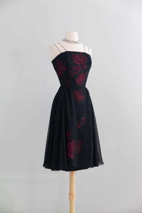 Glamorous 1950's Silk Chiffon Fly Away Cocktail Dress By Jean of California / S