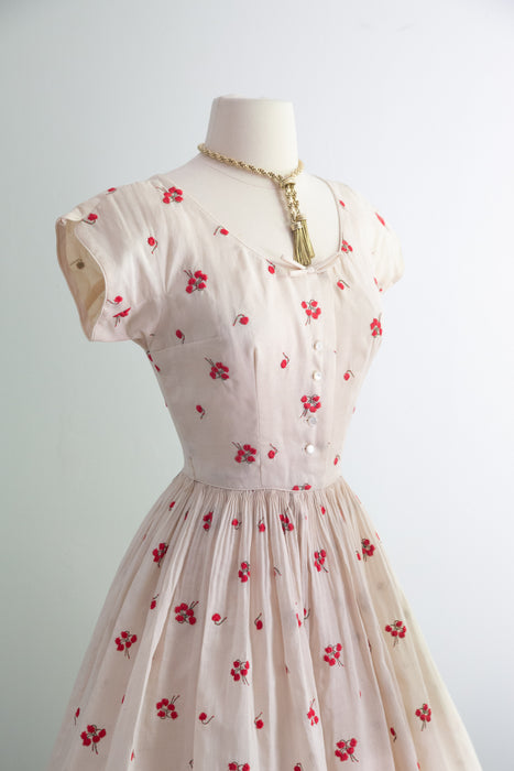 The Prettiest 1950's Embroidered Cotton Voile Summer Dress From Peck And Peck / XS