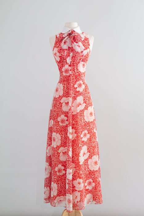 Fab 1970's Red and White Cotton Voile Maxi Dress With Bow / XS