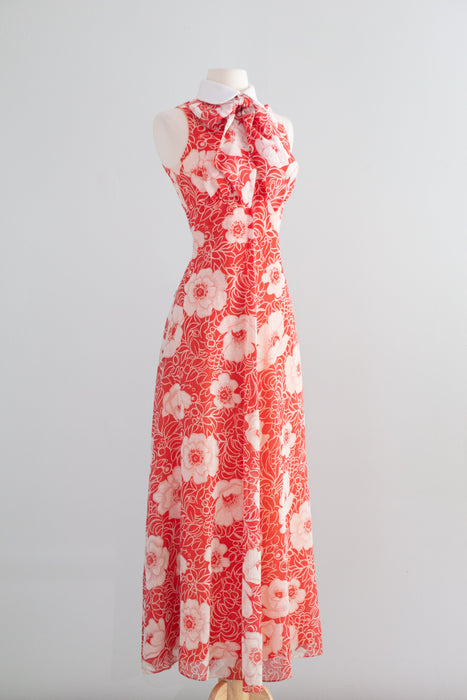 Fab 1970's Red and White Cotton Voile Maxi Dress With Bow / XS
