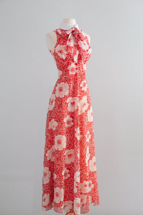 Fab 1970's Red and White Cotton Voile Maxi Dress With Bow / XS