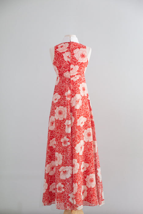 Fab 1970's Red and White Cotton Voile Maxi Dress With Bow / XS