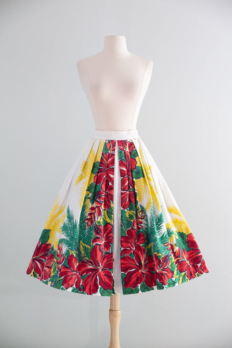 Marvelous 1950's Hawaiian Border Print Cotton Skirt / Small