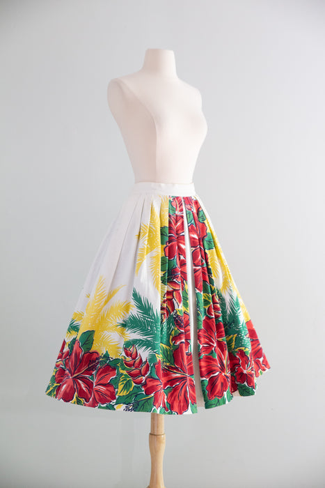 Marvelous 1950's Hawaiian Border Print Cotton Skirt / Small