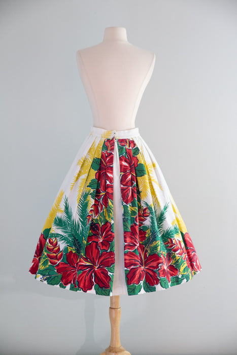 Marvelous 1950's Hawaiian Border Print Cotton Skirt / Small