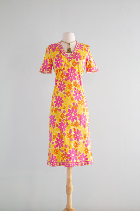 Adorable Vintage Flower Power Cotton Jersey Dress By Italian Designer Bessi / Medium