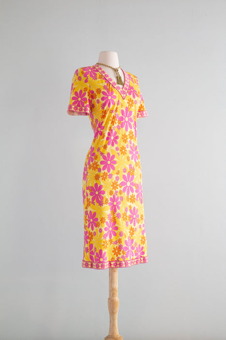 Adorable Vintage Flower Power Cotton Jersey Dress By Italian Designer Bessi / Medium