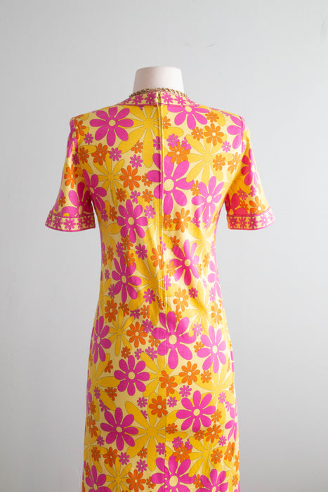 Adorable Vintage Flower Power Cotton Jersey Dress By Italian Designer Bessi / Medium