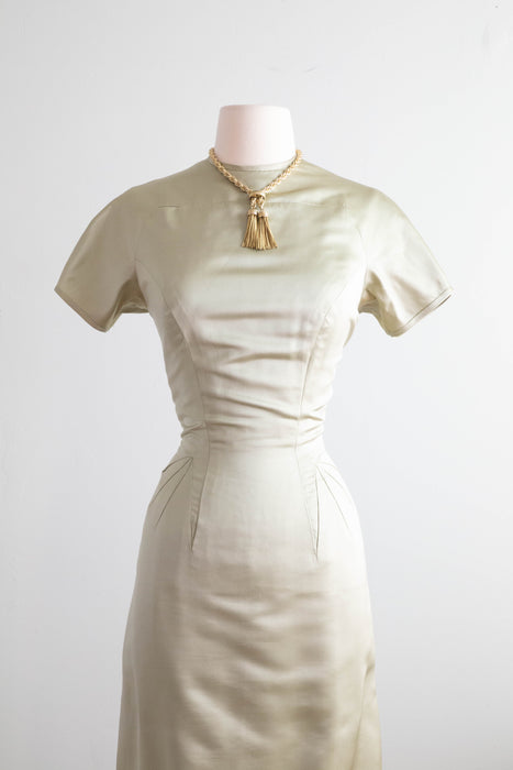 Elegant & Sophisticated 1950's Sage Green Silk Wiggle Dress By Anne Fogarty / SM