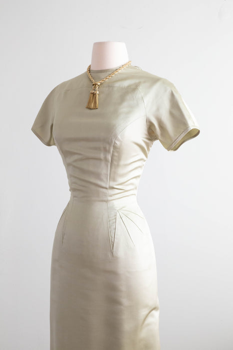 Elegant & Sophisticated 1950's Sage Green Silk Wiggle Dress By Anne Fogarty / SM