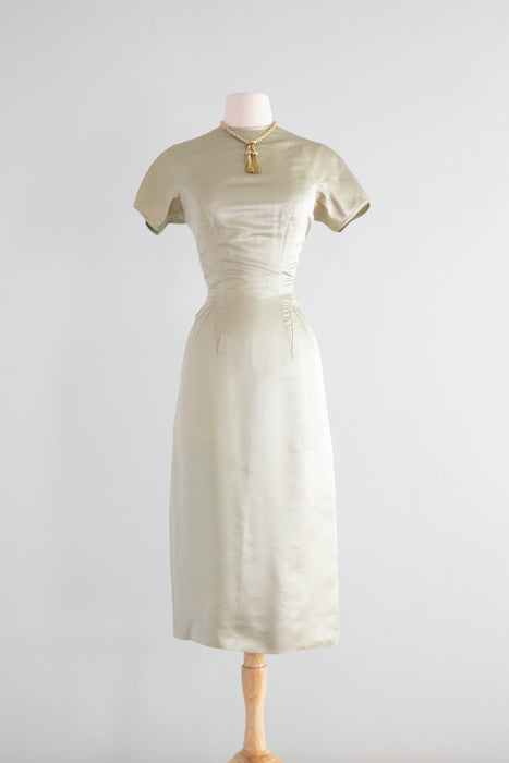 Elegant & Sophisticated 1950's Sage Green Silk Wiggle Dress By Anne Fogarty / SM