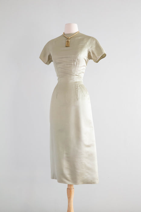 Elegant & Sophisticated 1950's Sage Green Silk Wiggle Dress By Anne Fogarty / SM