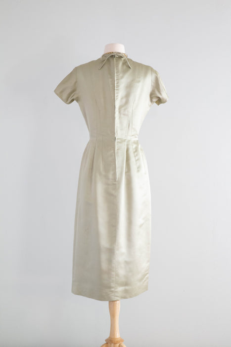 Elegant & Sophisticated 1950's Sage Green Silk Wiggle Dress By Anne Fogarty / SM