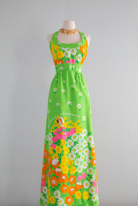 Fabulous 1970's Malia Novelty Print Summer Maxi Dress / Medium