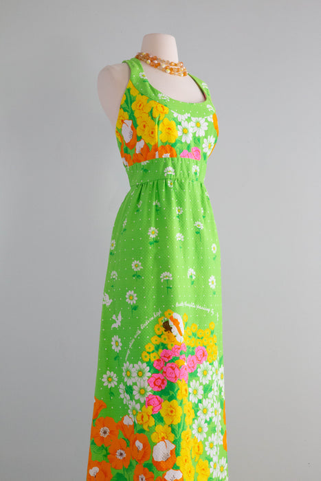 Fabulous 1970's Malia Novelty Print Summer Maxi Dress / Medium