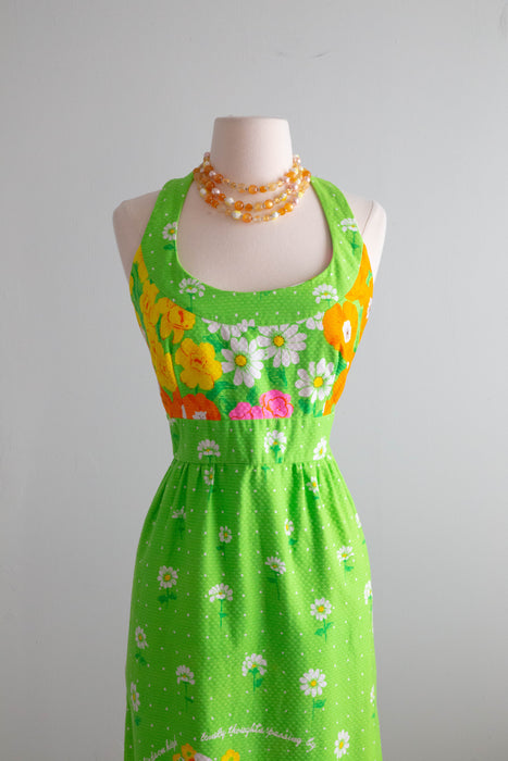 Fabulous 1970's Malia Novelty Print Summer Maxi Dress / Medium