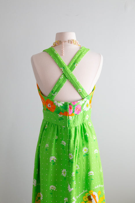 Fabulous 1970's Malia Novelty Print Summer Maxi Dress / Medium