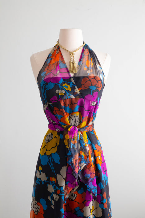 Rare 1970's Givenchy Silk Chiffon Floral Halter Dress Made in France / XS