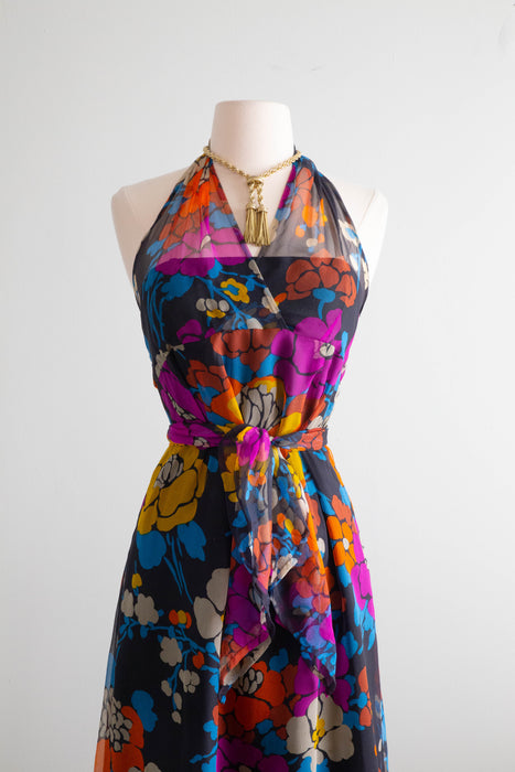 Rare 1970's Givenchy Silk Chiffon Floral Halter Dress Made in France / XS