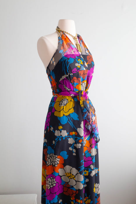 Rare 1970's Givenchy Silk Chiffon Floral Halter Dress Made in France / XS