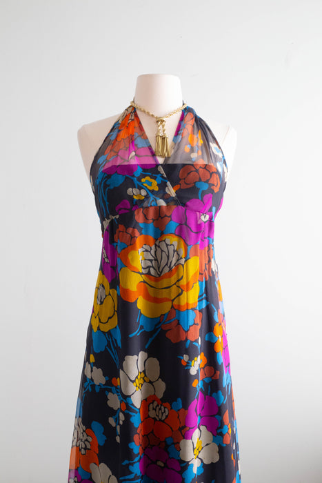 Rare 1970's Givenchy Silk Chiffon Floral Halter Dress Made in France / XS