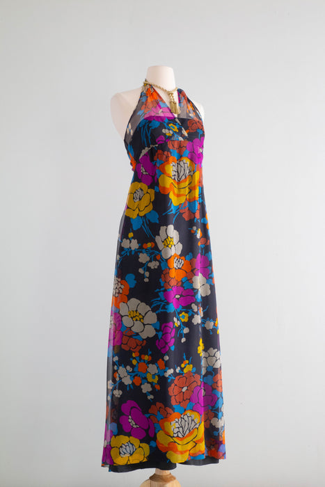 Rare 1970's Givenchy Silk Chiffon Floral Halter Dress Made in France / XS