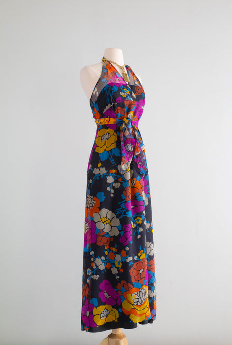 Rare 1970's Givenchy Silk Chiffon Floral Halter Dress Made in France / XS