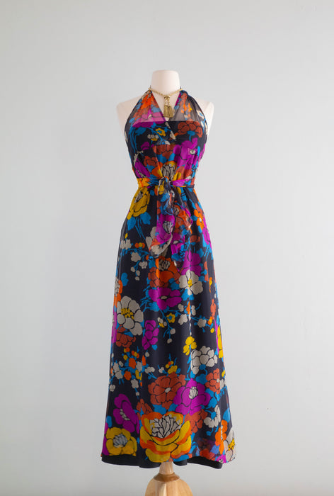 Rare 1970's Givenchy Silk Chiffon Floral Halter Dress Made in France / XS