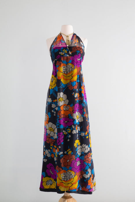 Rare 1970's Givenchy Silk Chiffon Floral Halter Dress Made in France / XS