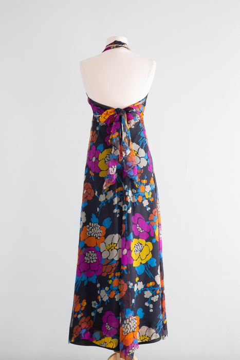 Rare 1970's Givenchy Silk Chiffon Floral Halter Dress Made in France / XS