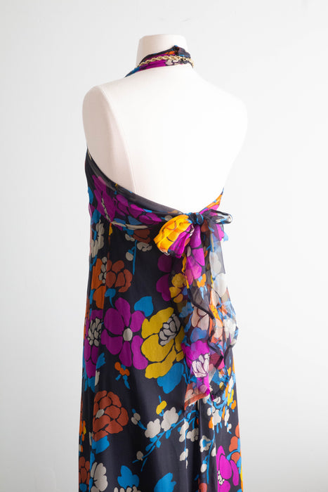 Rare 1970's Givenchy Silk Chiffon Floral Halter Dress Made in France / XS