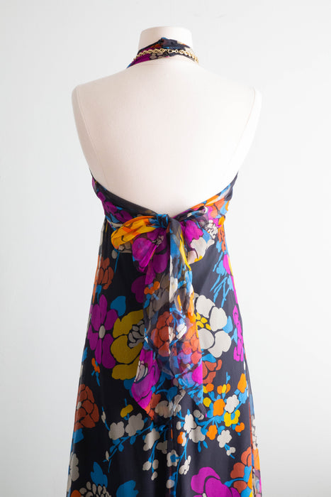 Rare 1970's Givenchy Silk Chiffon Floral Halter Dress Made in France / XS