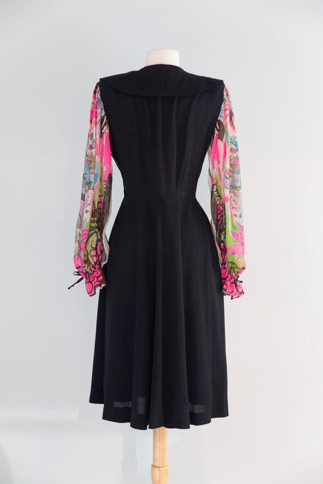 Fabulous 1940's Black Rayon Dress With Marvelous Mariachi Print Sleeves / SM