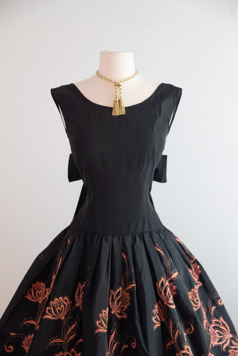 Stunning 1950's Jacobean Floral Embroidered Black Taffeta Party Dress / S
