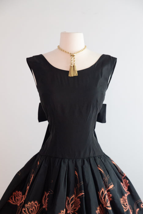 Stunning 1950's Jacobean Floral Embroidered Black Taffeta Party Dress / S