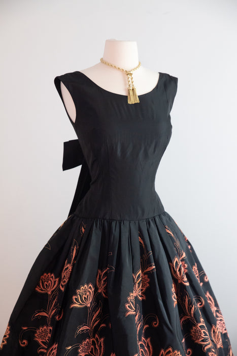 Stunning 1950's Jacobean Floral Embroidered Black Taffeta Party Dress Xtabay Vintage Stunning 1950's Jacobean Floral Embroidered Black Taffeta Party Dress Xtabay Vintage