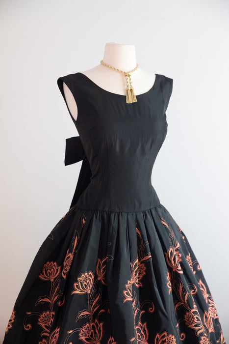 Stunning 1950's Jacobean Floral Embroidered Black Taffeta Party Dress / S